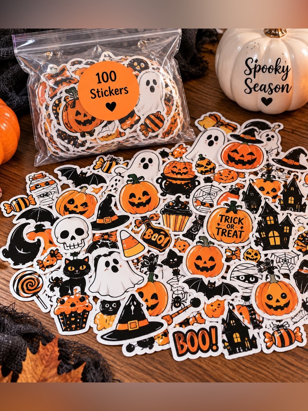 100pc Halloween Stickers Pumpkin Ghost Candy Spooky Kids Crafts Party Favors